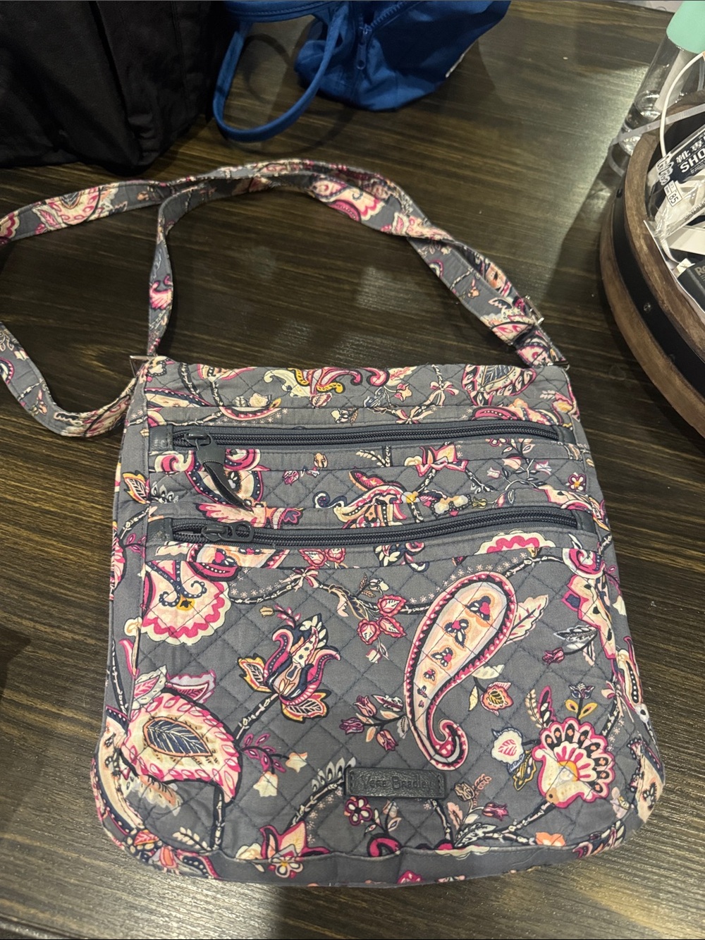 Vera Bradley Gray Paisley Quilted Crossbody with Pink Accents